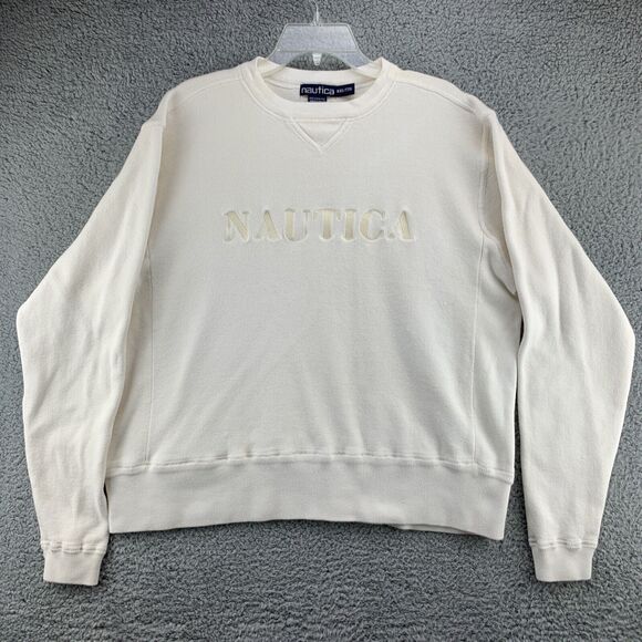 Nautica Mens Sweater Size XXL Ivory Heavyweight Spellout Embroidered Banded Hem - Picture 1 of 12